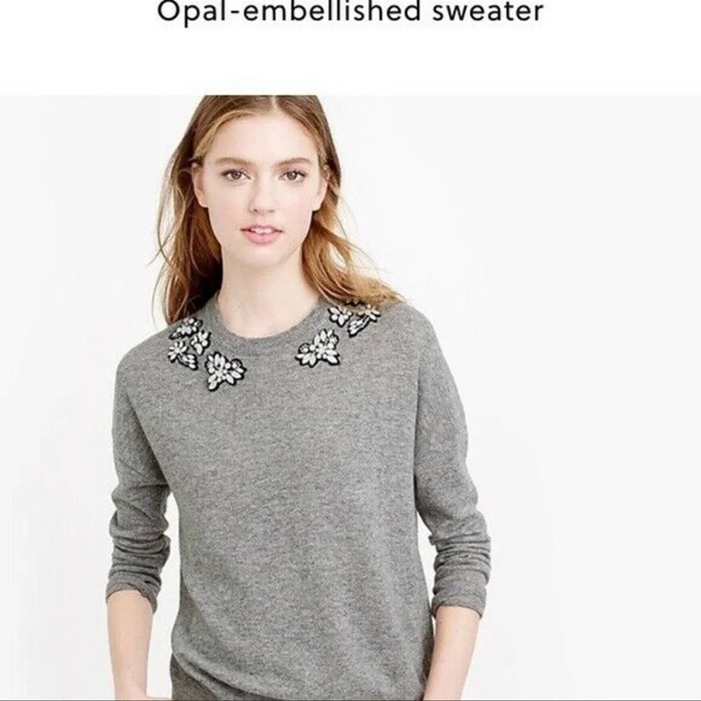 J Crew Women's Opal Embellished Crew Neck Sweater Top Gray EUC Size Small